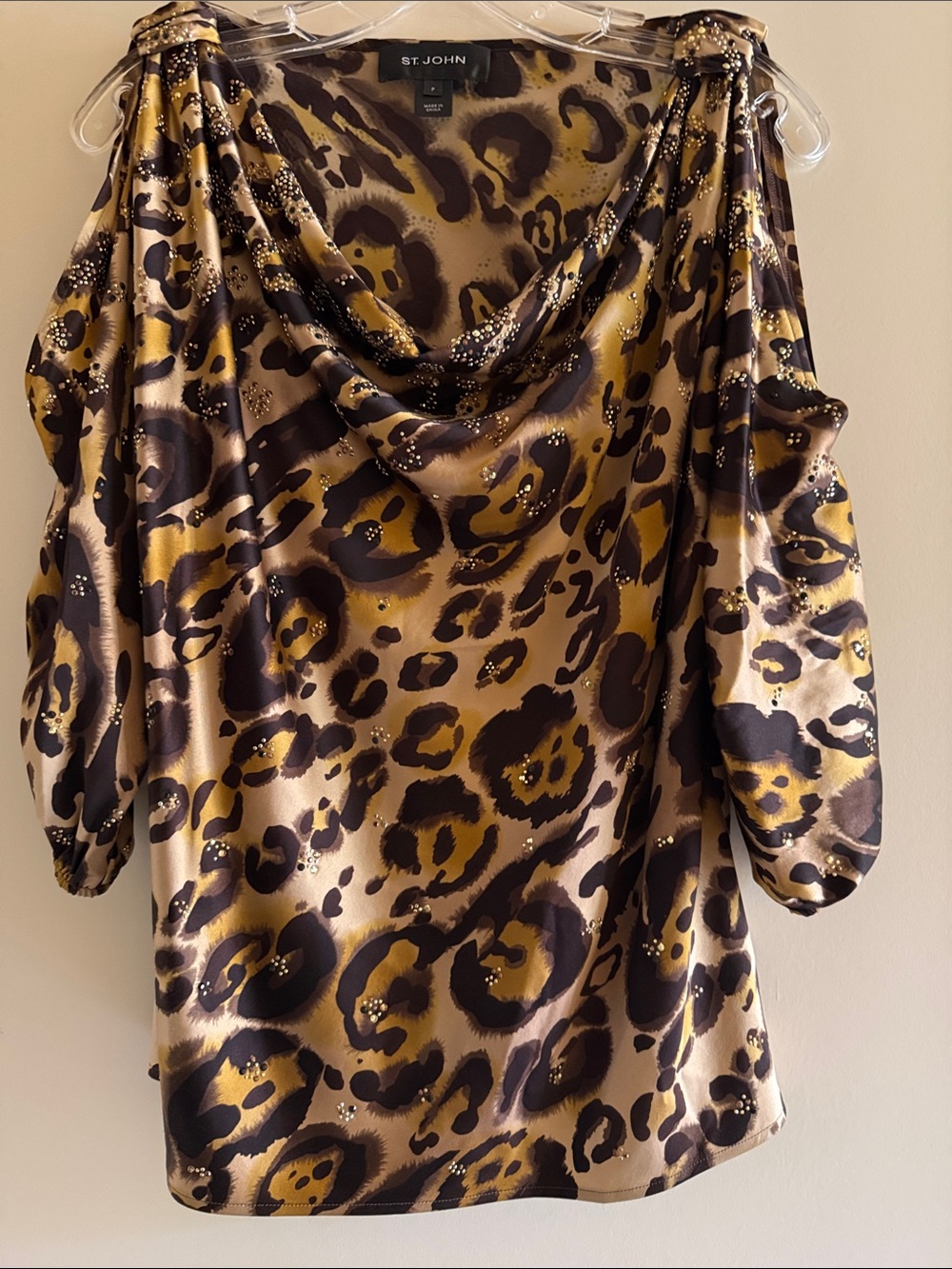 St. John Leopard-Print Cowl Neck Silk Blouse in Gold and Brown Size: Petite
